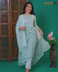 Cotton readymade salwar suit pastel green shade and off white with allover paisley prints & mirror embroidery work neck pattern and straight cut pant & cotton dupatta