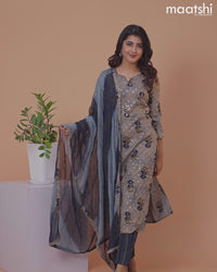 Rayon salwar suit chikku shade and navy blue with floral butta prints & mirror embroidery work and straight cut pant & chiffon sequin work dupatta