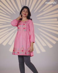 Cotton umbrella short kurti light pink with plain body & embroidery work neck pattern without bottom