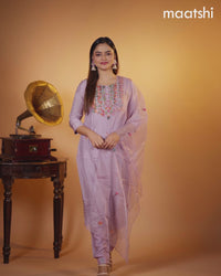 Muslin salwar suit mild purple with sequin & embroidery work neck pattern and straight cut pant & organza dupatta