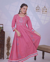 Cotton readymade umbrella kurti pink shade with allover hakoba work & beaded work neck pattern without pant