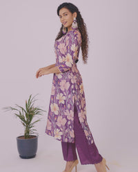 Modal readymade kurti set mild purple and purple with floral prints & mirror embroidery work v neck pattern and straight cut pant