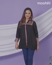 Cotton readymade short kurti deep coffee brown with plain body & embroidery work collar neck pattern without bottom