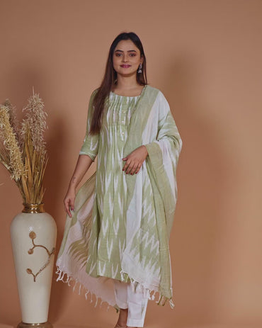 Cotton readymade salwar suit pastel green and off white with allover ikat weaves & simple neck pattern and straight cut pant & dupatta