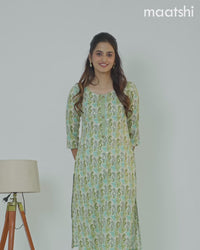 Rayon readymade kurti set cream and mehendi green with allover ikat prints & patch work neck pattern and straight cut pant