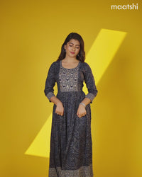 Rayon floor length dress dark blue with allover prints & mirror work neck pattern and without pant