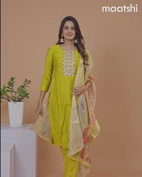 Cotton salwar suit mustard yellow with self emboss & embroidery mirror work neck pattern and straight cut pant & banarasi dupatta