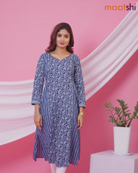 Cotton readymade A-line kurti navy blue and light blue woth allover prints & embroidery sequin work neck pattern without bottom