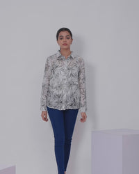 Women's shirt off white and grey with allover floral prints and collar neck pattern