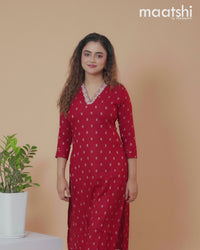 Cotton readymade kurti maroon with allover thread butta & embroidery work v neck pattern without pant