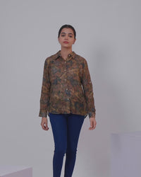 Women's shirt pastel brown shade with allover floral prints and collar neck pattern