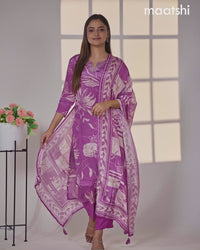 Crepe silk salwar suit lavender with placement prints & embroidery beaded work neck pattern and straight cut pant & dupatta