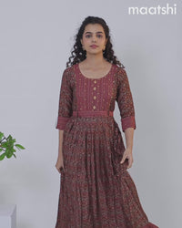 Modal floor length dress maroon and grey shade with allover prints & floral design neck pattern without pant