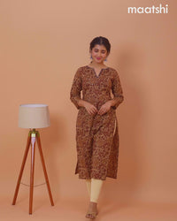 Cotton readymade kurti dark sandal and maroon with kalamkari prints & kantha stitch work neck pattern without bottom