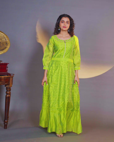 Chanderi readymade floor length kurti light green with allover prints & embroidery work neck pattern without pant