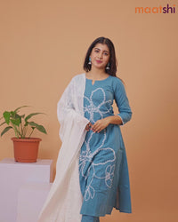 Cotton readymade salwar suit pastel blue and off white with allover embroidery work & simple neck pattern and straight cut pant & dupatta