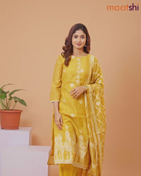 Raw silk readymade salwar suit mustard yellow with embroidery buttas & embroidery zardosi work neck pattern and straight cut pant & banarasi dupatta