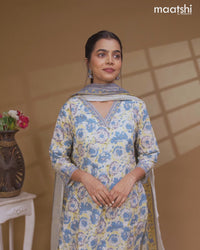 Floral prints readymade salwar suit cream and blue with simple sequin work v neck pattern and straight cut pant & dupatta