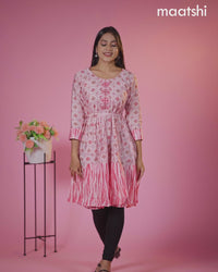 Modal readymade umbrella short kurti pastel pink with allover prints & beaded work neck pattern without pant