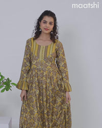 Muslin floor length cancan dress yellow shade and brown with allover prints & patch work neck pattern without pant