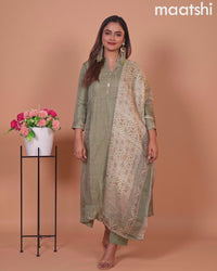 Tissue anarkali salwar suit sap green with allover zig zag & simple neck pattern and straight cut pant & tissue dupatta