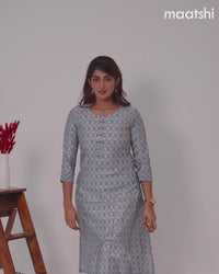 Muslin kurti grey with bandhani prints & mirror work neck pattern and straight cut pant