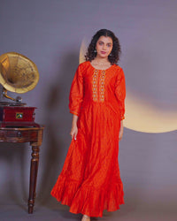 Raw silk readymade floor length kurti rustic orange with allover prints & embroidery work neck pattern without pant - raw silk