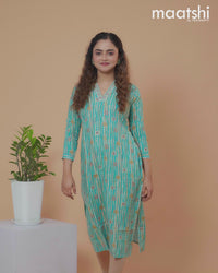 Cotton readymade kurti teal blue and beige with allover prints & embroidery mirror work neck v pattern without pant