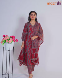 Cotton readymade salwar suit maroon shade and black with allover prints & embroidery sequin v neck pattern and straight cut pant & dupatta