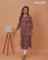 Cotton readymade kurti blue and beige with kalamkari prints & kantha stitch sequin work neck pattern without bottom