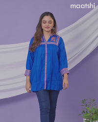 Cotton readymade short kurti royal blue with plain body & embroidery work collar neck pattern without bottom