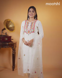 Muslin salwar suit off white with sequin & embroidery work neck pattern and straight cut pant & organza dupatta