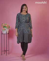 Muslin readymade short umbrella kurti peacock blue with allover patola & lace work neck pattern without pant