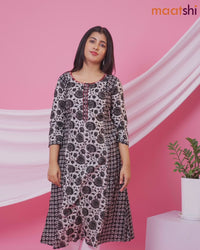 Cotton readymade A-line kurti grey and black with allover batik prints & embroidery work neck pattern without bottom