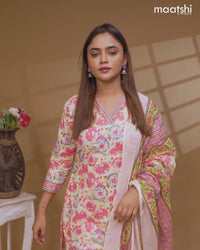 Floral prints readymade salwar suit cream and pink with simple sequin work v neck pattern and straight cut pant & dupatta