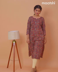 Cotton readymade kurti maroon and beige with kalamkari prints & kantha stitch sequin work neck pattern without bottom