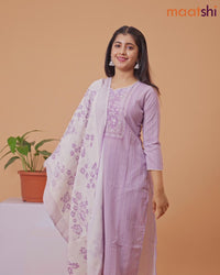 Rayon readymade salwar suit lavender and off white with allover prints & embroidery sequin lace work neck pattern and straight cut pant & dupatta