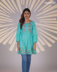 Cotton umbrella short kurti teal blue with plain body & embroidery work neck pattern without bottom