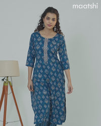 Rayon readymade kurti set peacock blue with allover ikat prints &embroidery work neck pattern and straight cut pant