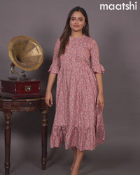 Soft rayon readymade dress peach shade with allover floral prints & simple collar neck design without pant