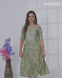 Modal anarkali kurti green shade and grey with allover prints & simple neck pattern without pant