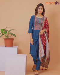 Modal readymade salwar suit peacock blue and maroon with plain body & sequin beaded work neck pattern and straight cut pant & ajrakh prints dupatta