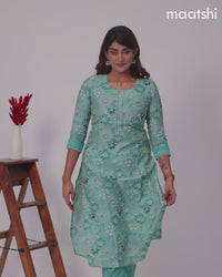 Modal kurti set teal blue shade with allover floral prints & gota patti lace wok neck pattern and straight cut pant