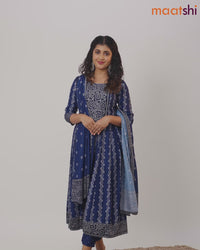 Muslin readymade anarkali salwar suits dark blue with allover bandhani prints & beaded work neck pattern and straight cut pant & kalamkari printed dupatta