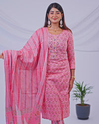 Cotton readymade salwar suit pastel pink with floral butta prints & mirror work neck pattern and straight cut pant & cotton dupatta