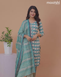 Rayon cotton salwar suit teal blue and off white with allover prints & mirror work neck pattern and straight cut pant & dupatta