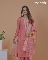 Cotton salwar suit peach shade with self emboss & embroidery mirror work neck pattern and straight cut pant & banarasi dupatta