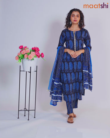 Cotton readymade salwar suit black and blue with allover paisley butta prints & embroidery work neck pattern and bottom & cotton dupatta