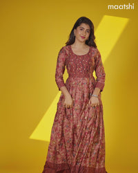 Muslin floor length dress maroon with allover prints & hip belt and without pant