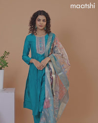 Cotton salwar suit cs blue with self emboss & embroidery mirror work neck pattern and straight cut pant & banarasi dupatta